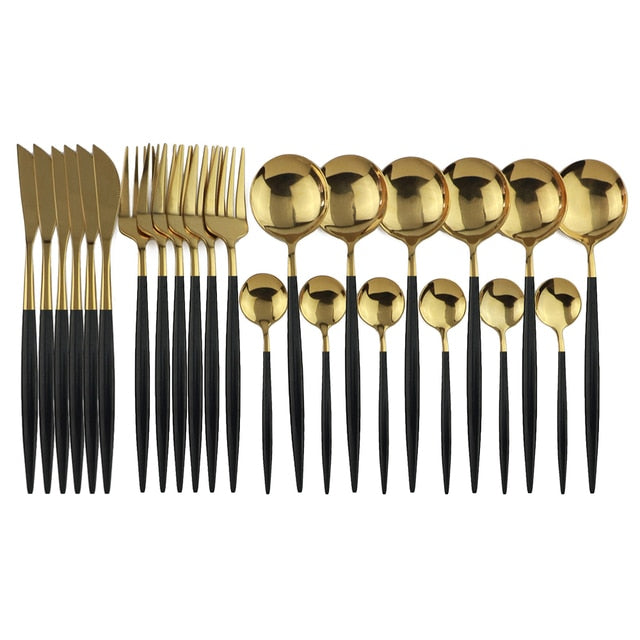 24pcs Black Gold Silverware Set