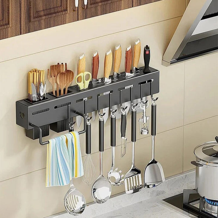 Multifunctional Kitchen Rack Organizer for Knives, Cutlery, and Utensil with Towel Rod and Hooks