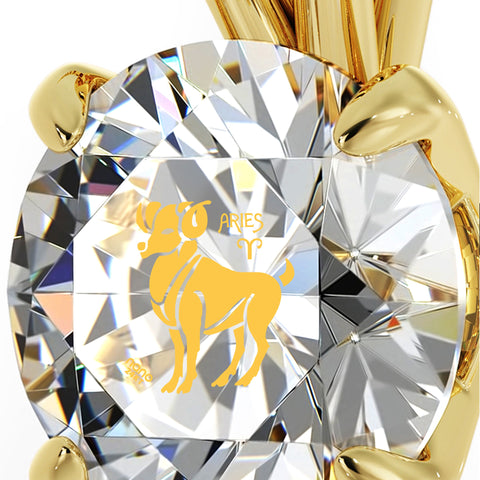 14k Yellow Gold Aries Necklace Zodiac Pendant 24k Gold inscribed on Crystal