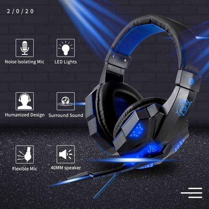 Auriculares para jugadores con cable y luz LED