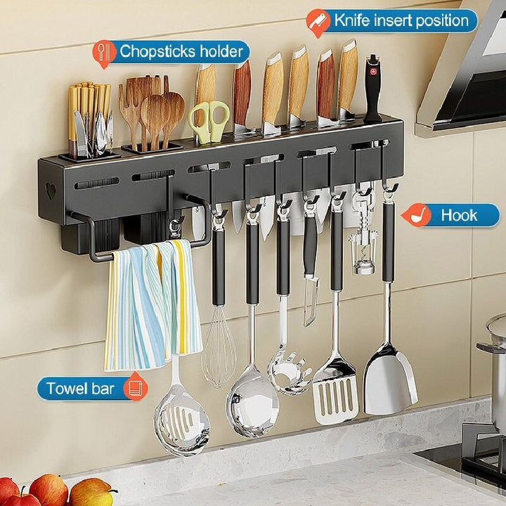 Multifunctional Kitchen Rack Organizer for Knives, Cutlery, and Utensil with Towel Rod and Hooks