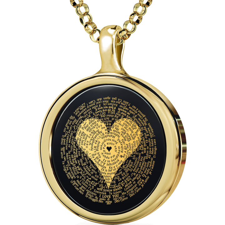 Collar Te Amo Inscrito en 120 Idiomas con Oro de 24k sobre Ónix y Pendientes de Corazón de Cristal Conjunto de Joyas