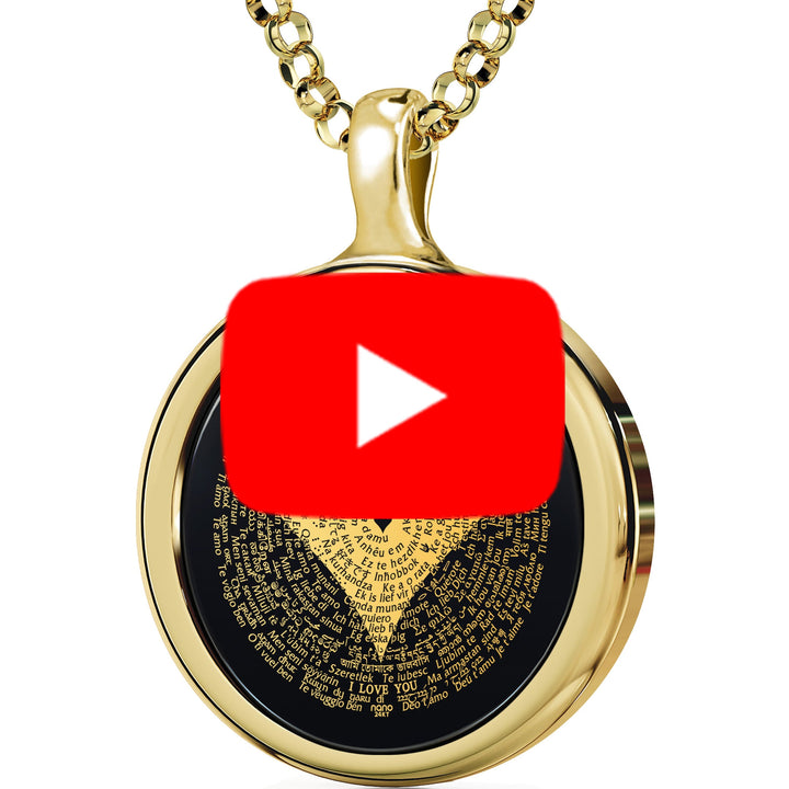 Collar Te Amo Inscrito en 120 Idiomas con Oro de 24k sobre Ónix y Pendientes de Corazón de Cristal Conjunto de Joyas