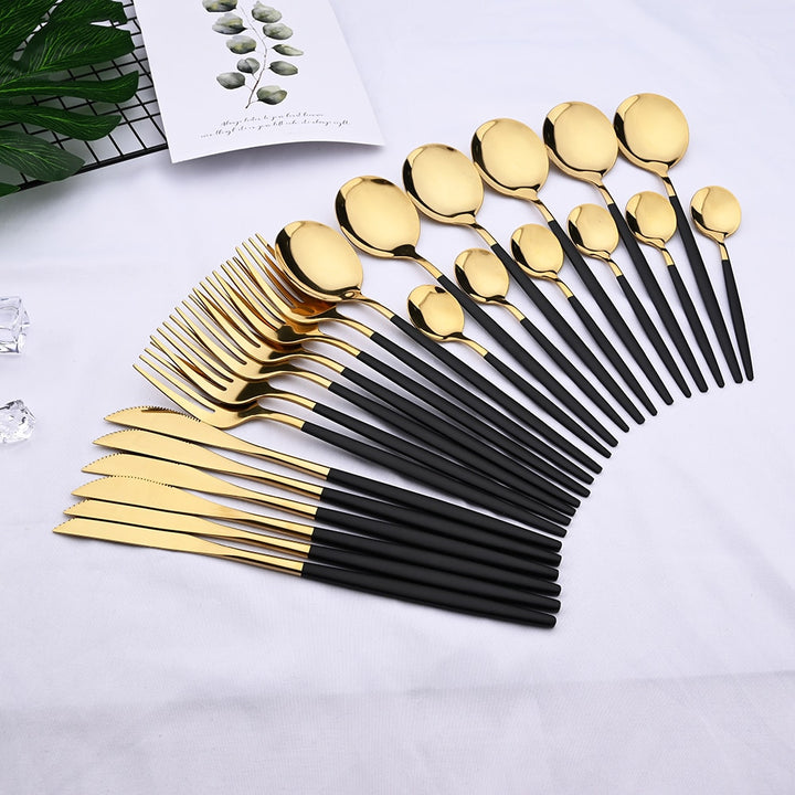 24pcs Black Gold Silverware Set